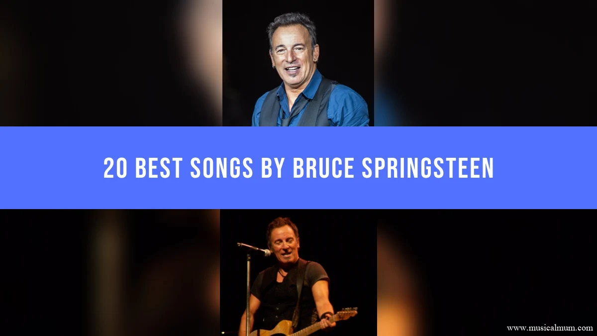 Bruce Springsteen singing and playing guitar, separated by a blue song-list title banner.