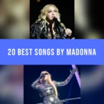 Madonna singing onstage in two concert photographs, separated by a blue song-list title banner.