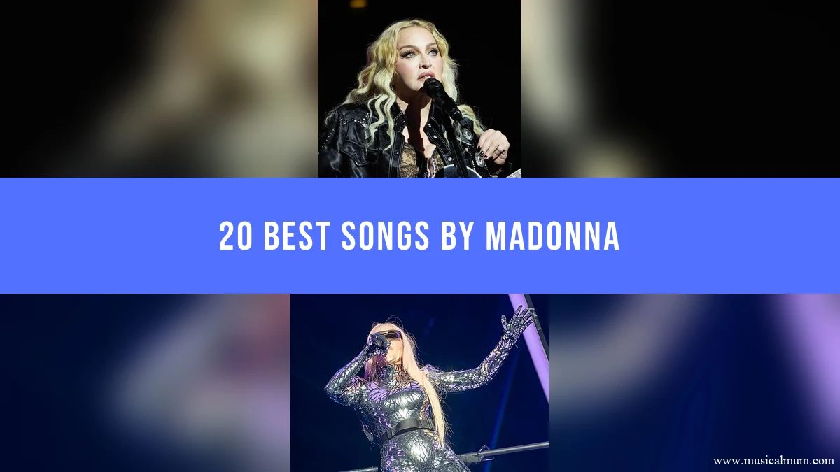 Madonna singing onstage in two concert photographs, separated by a blue song-list title banner.
