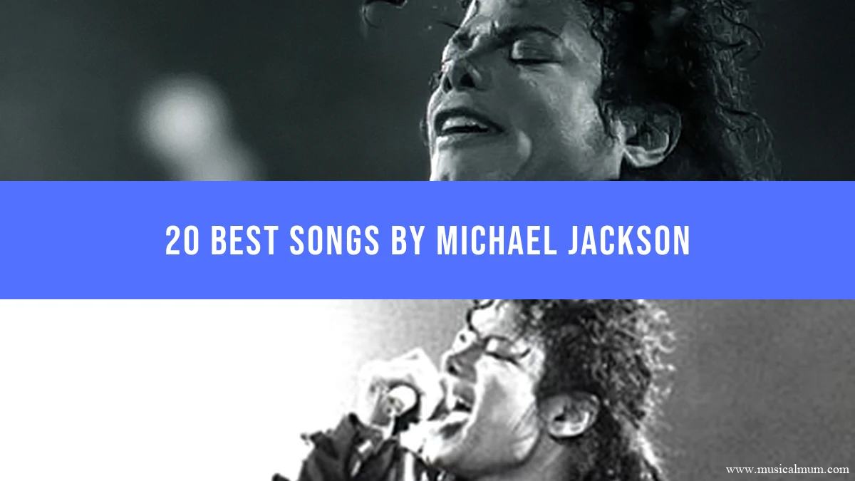 Two photographs of Michael Jackson performing, with a blue song-list title banner.