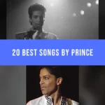 Prince singing and playing guitar in two performance photographs, separated by a blue song-list title banner.