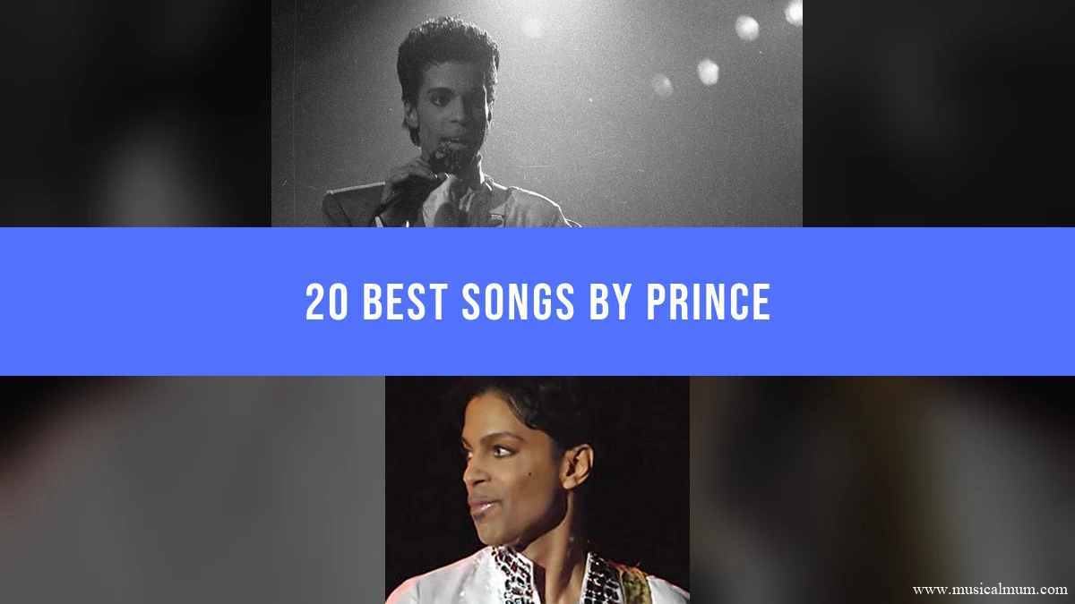 Prince singing and playing guitar in two performance photographs, separated by a blue song-list title banner.