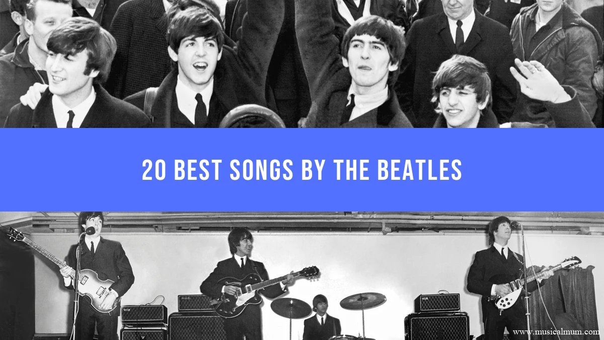 20 Best Songs by The Beatles with two photographs and a centered blue title banner.