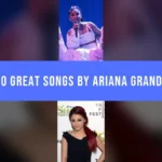 20 Great Songs by Ariana Grande Ariana Grande singing onstage and at a red-carpet event, separated by a blue song-list title banner.