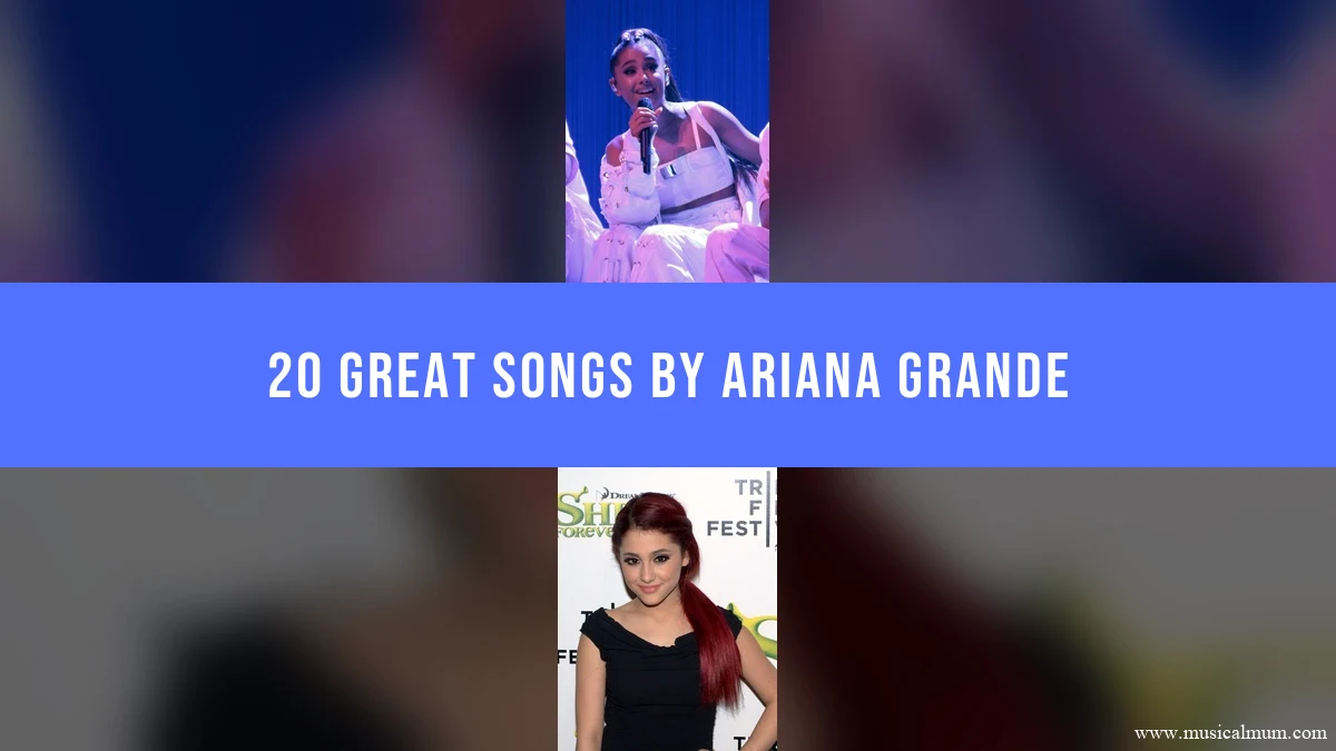 Ariana Grande singing onstage and at a red-carpet event, separated by a blue song-list title banner.
