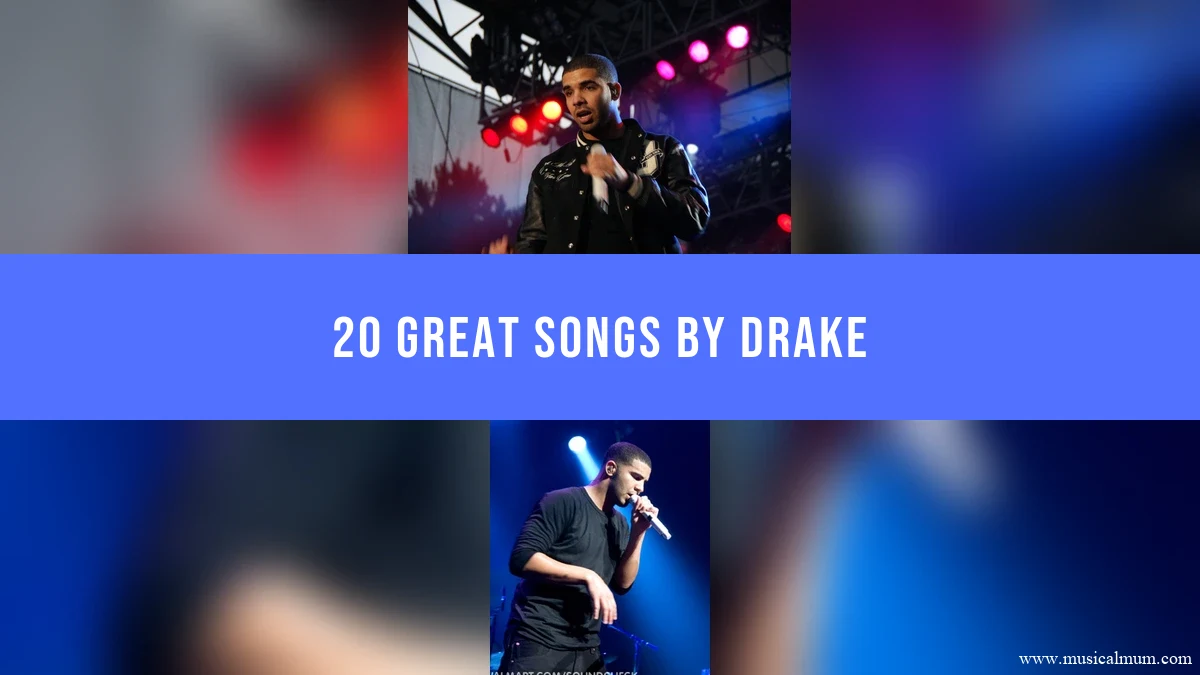 Drake performing with microphones in two concert photographs, separated by a blue song-list title banner.
