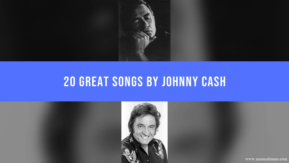Johnny Cash in two black-and-white portraits, separated by a blue song-list title banner.