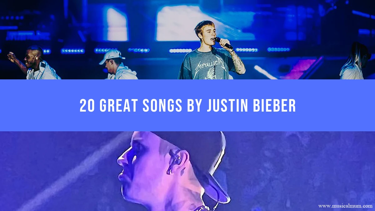 Justin Bieber performing in two concert photographs above and below a blue song-list title banner.