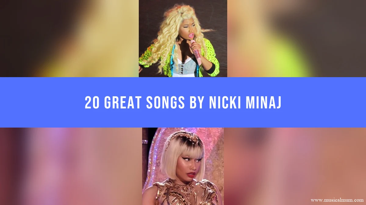 Nicki Minaj performing in two concert portraits, separated by a blue song-list title banner.