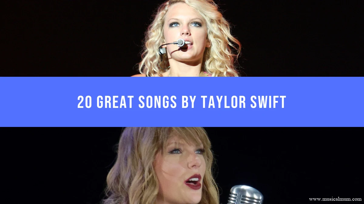 Two photographs of Taylor Swift performing, with a blue song-list title banner.