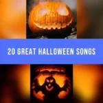 20 Great Halloween Songs for Your Party Playlist Two glowing carved pumpkins, separated by a blue 20 Great Halloween Songs title banner.