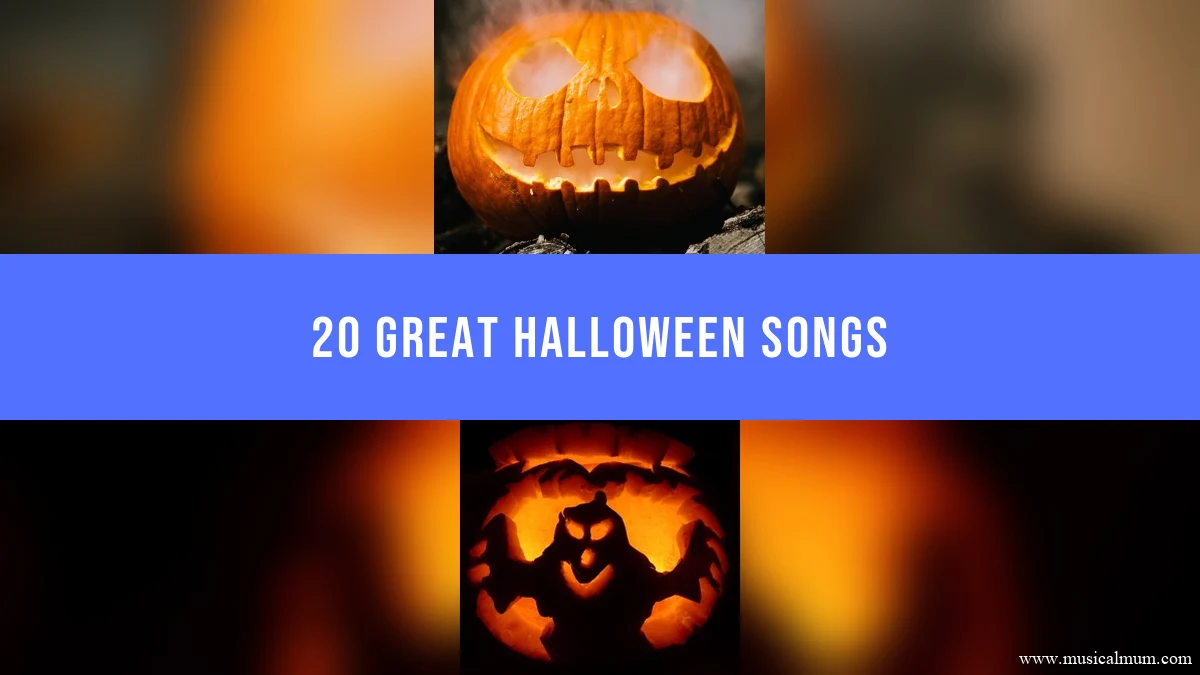 Two glowing carved pumpkins, separated by a blue 20 Great Halloween Songs title banner.