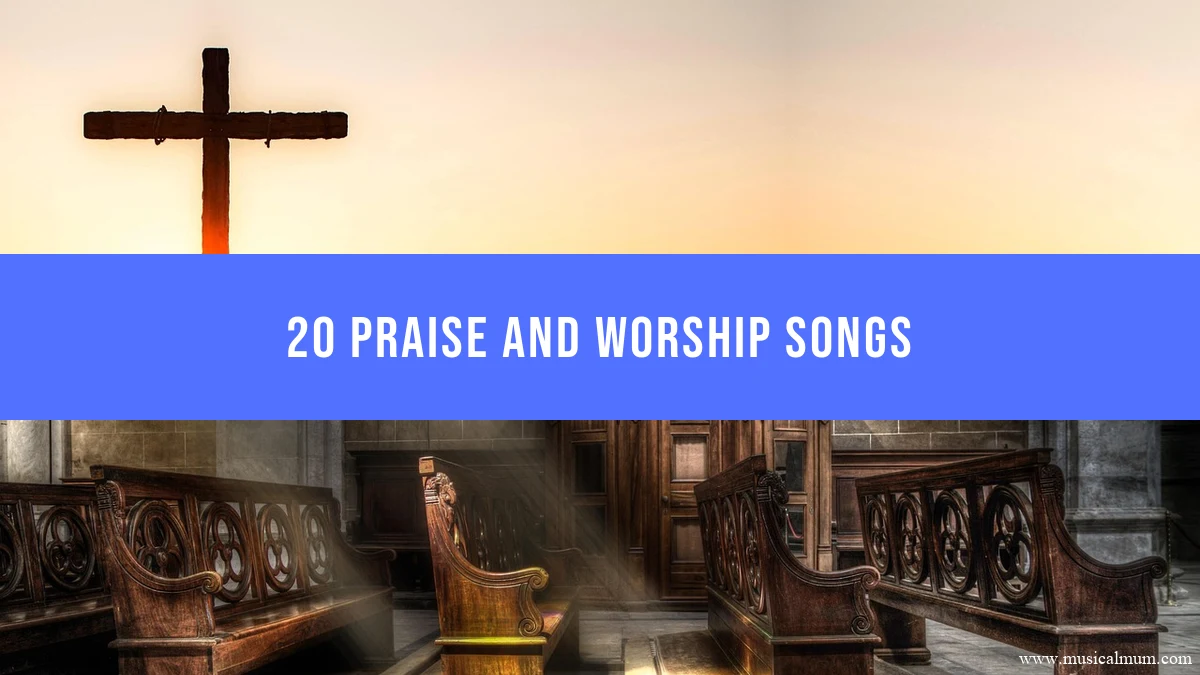 A cross at sunset and a sunlit church interior, separated by a blue praise and worship songs title banner.