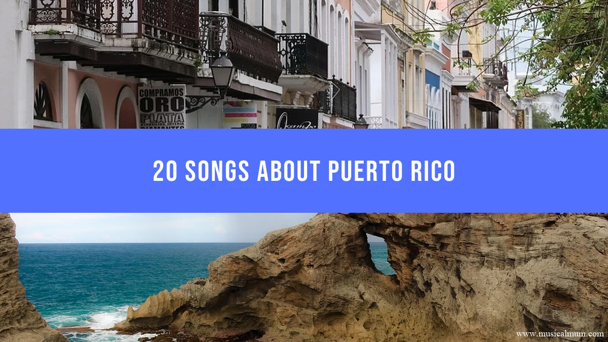 A street in Old San Juan and the Puerto Rican coastline, separated by a blue song-list title banner.