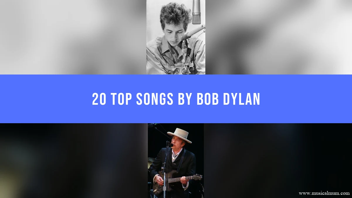 Bob Dylan recording and performing with a guitar, separated by a blue song-list title banner.