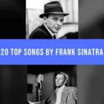 20 Top Songs by Frank Sinatra Frank Sinatra wearing a hat and recording at a microphone, separated by a blue song-list title banner.