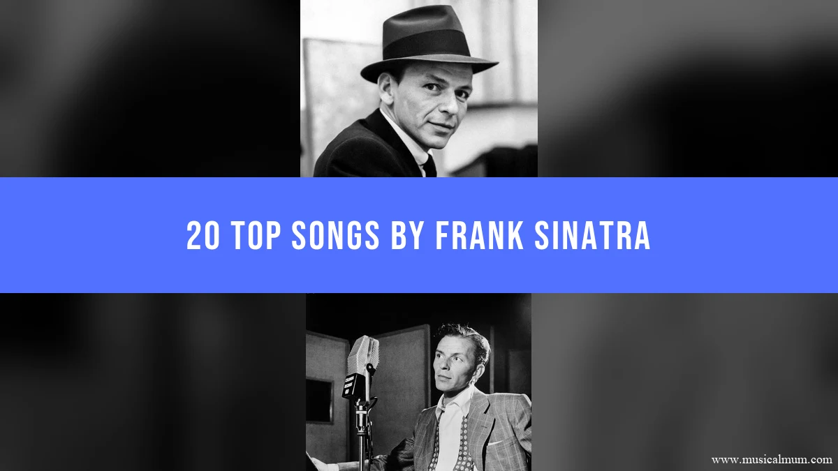 Frank Sinatra wearing a hat and recording at a microphone, separated by a blue song-list title banner.