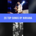 Nirvana performing onstage and Kurt Cobain in a band photograph, separated by a blue song-list title banner.