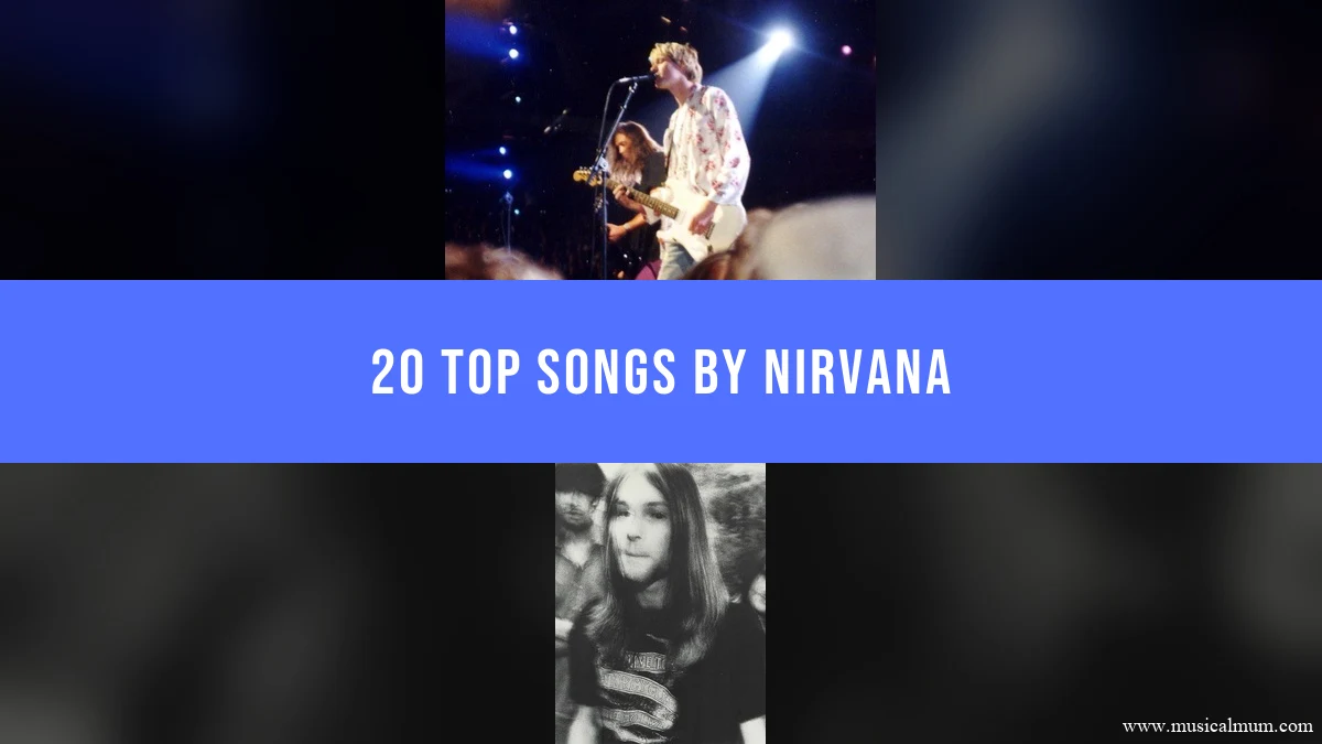 Nirvana performing onstage and Kurt Cobain in a band photograph, separated by a blue song-list title banner.
