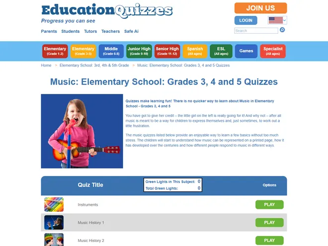 Screenshot of www.educationquizzes.com
