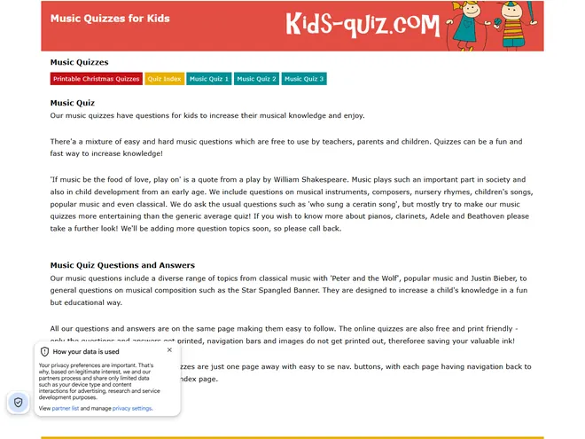 Screenshot of www.kids-quiz.com